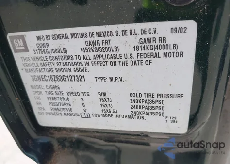 2003 Chevrolet Suburban 1500 Ls z USA, uszkodzony, nr VIN 3GNEC16Z63G127321